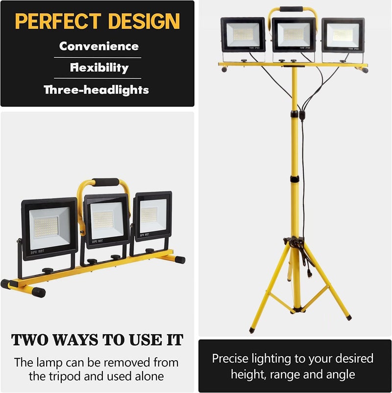 GUWELL 22000 Lumen Work Lights with Stand, 3 Head Portable LED Work Light, with Adjustable&Foldable Tripod Stand, IP66 Waterproof Lamp for Outdoor Indoor Job Site Workshop Garage Construction Site Lighting - Image 4